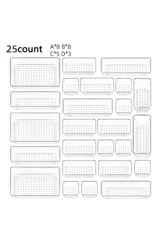 25 Piece 28 PCS Clear Drawer Organizers Set 4-Size Versatile Bathroom and Vanity Drawer Organizer Tr