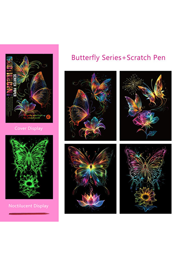 A4 Butterfly 4 Pcs/Set A4 DIY Scratch Painting Sea World Butterfly Peacock Whale Noctilucent Scratch