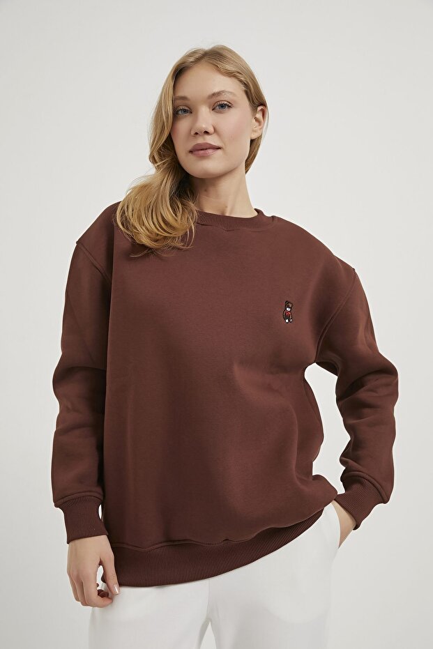 Women's Teddy Bear Embroidery Fleece-Lined Brown Casual Sweatshirt