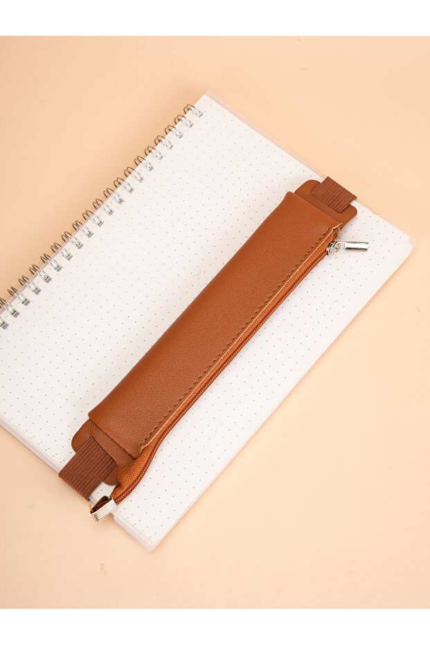 Brown 1pc Solid Color Notebook Pen Cover Pen Holder Pu Single Storage Elastic With Pen Bag