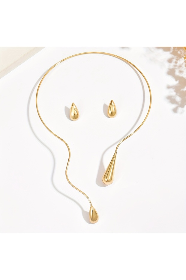 Gold 3pc/set stylish and elegant asymmetrical teardrop necklace and earrings set, personalized exagg
