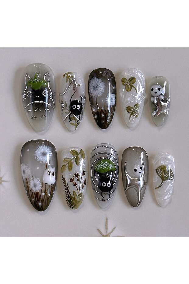 Y1 24pcs Gradient Black False Nails Cute Cartoon Cat's Eye Forest Elf Girl Press On Nails Glossy Alm