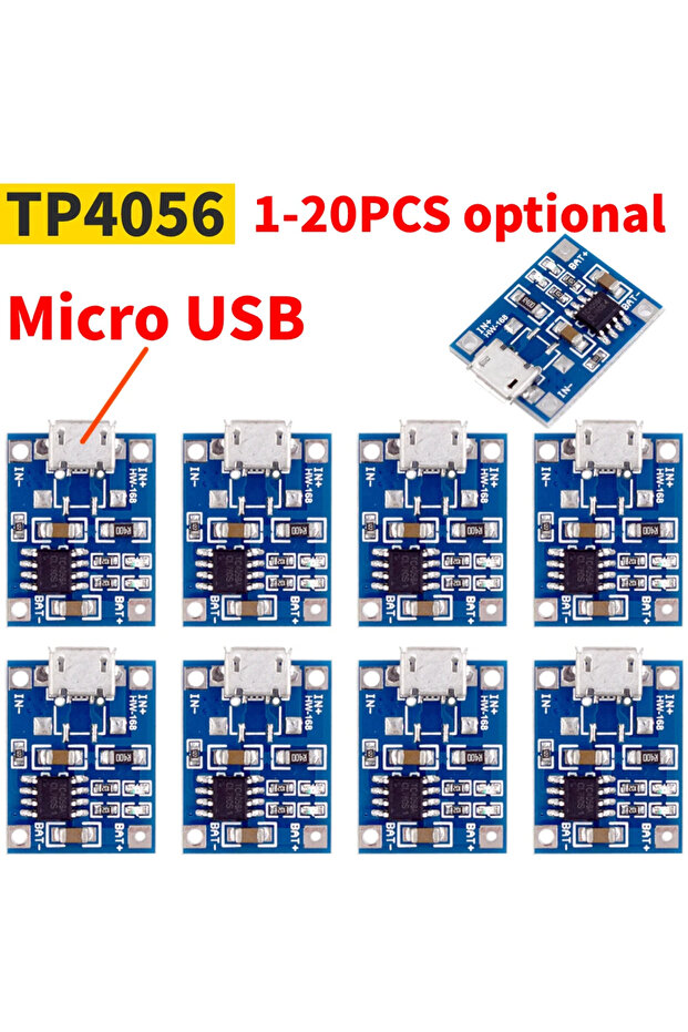 وحدة شحن بطارية ليثيوم 18650 TP405~، تتضمن: 1-20 وحدة شحن من نوع USB صغير/منفذ USB من النوع C/صغير/منفذ USB صغير، 5 فولت، 1 أمبير.