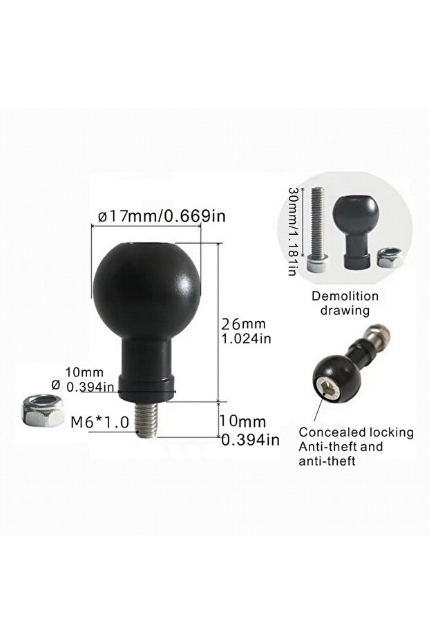 1pcs 17mm M6 Aluminum 17mm/25mm Ball Head Adapter to M6 M8 M10 Bolt for RAM Garmin Mount Motorcycle