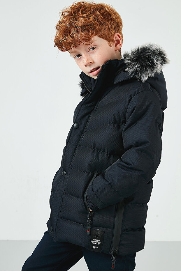 Faux Fur Plush Lined Detachable Hooded Coat for Boys 5763028