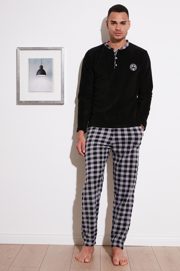 Plaid Regular Fit Buttoned Crew Neck Winter Fleece Pajama Set Men's PAJAMA SET 609