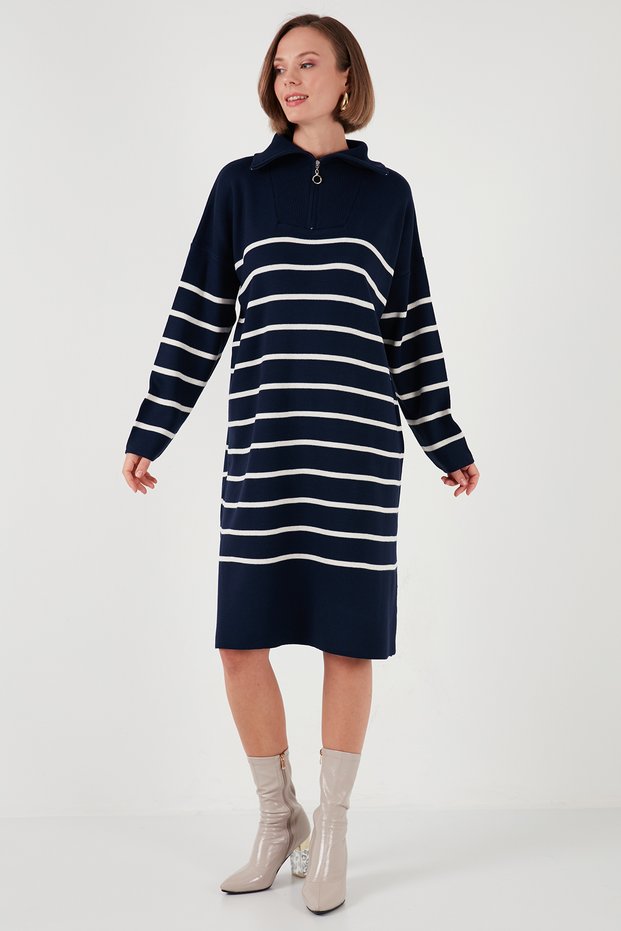Striped Half-Zip Slit Knitwear Dress Dress 4615183
