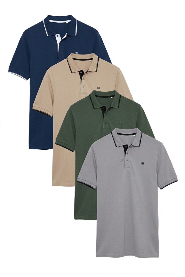 Cotton Regular Fit Stripe Detailed Buttoned Polo Collar 4-Pack t Shirt Men's t Shirt 5902118