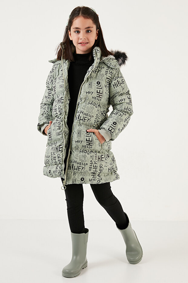Faux Fur Text Printed Removable Hooded Plush Lined Winter Coat Girls Child MON