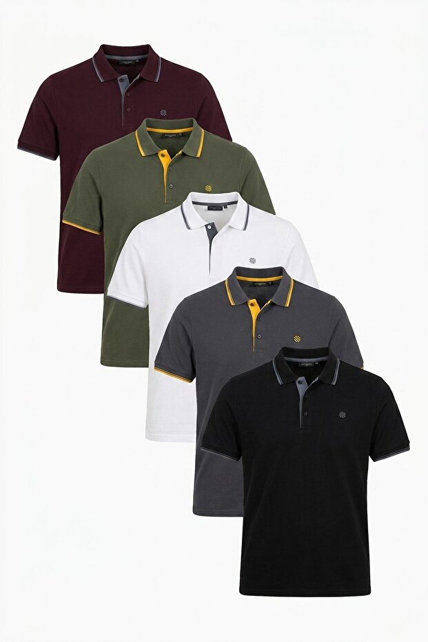 Cotton Regular Fit Stripe Detailed Buttoned Polo Collar 5 Pack t Shirt Men's t Shirt 5902118
