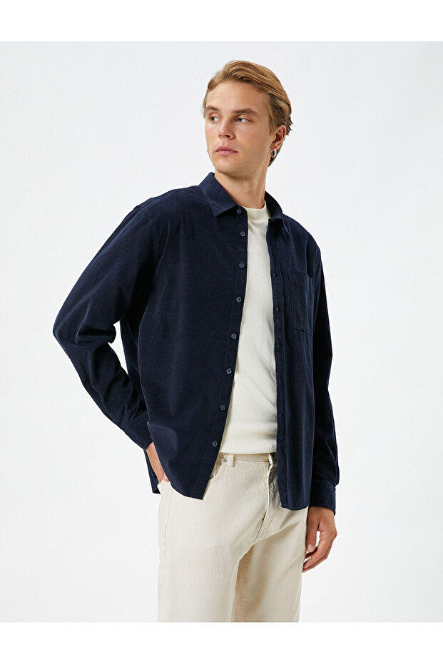 Ribbed Shirt Buttoned Classic Collar with Pocket Detail