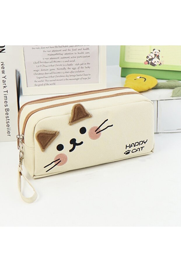 white Black and White Cat Cute Pencil Bag Portable Stationery Bag with Pen Insert Mesh Bag Large Cap