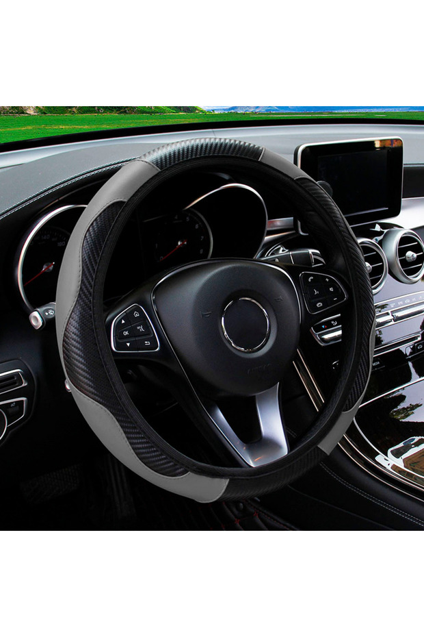 Gray PU Carbon Fiber Leather Car Steering Wheel Cover without Inner Ring Suitable for 14.5-15 Inches