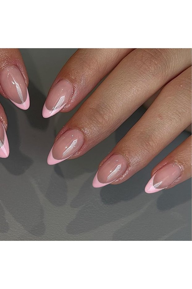 CORAL RED 24pcs Long Almond Fake Nails White French Press on Nails Simple Full Cover Detachable Nail