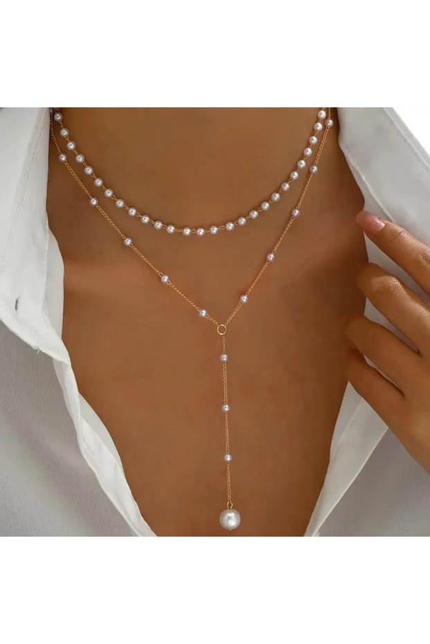 A New Fashion Simple Design Long Imitation Pearl Necklace Double Layer Y-Shape Tassel Necklace for W