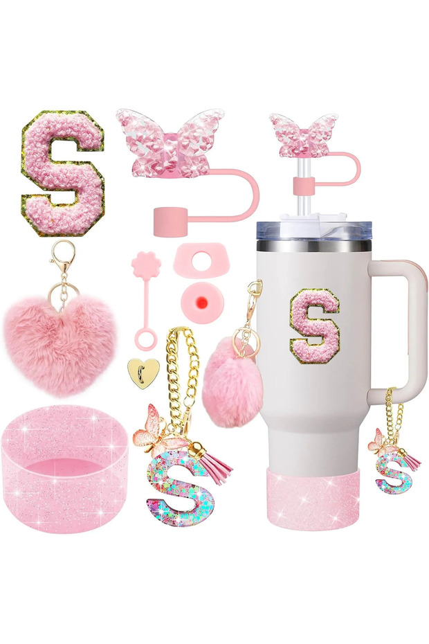 S-heart pink-9pcs 9PCS Cup Accessory Set for Stanley 30oz 40oz Butterfly Straw Cover Cap Silicone Bo