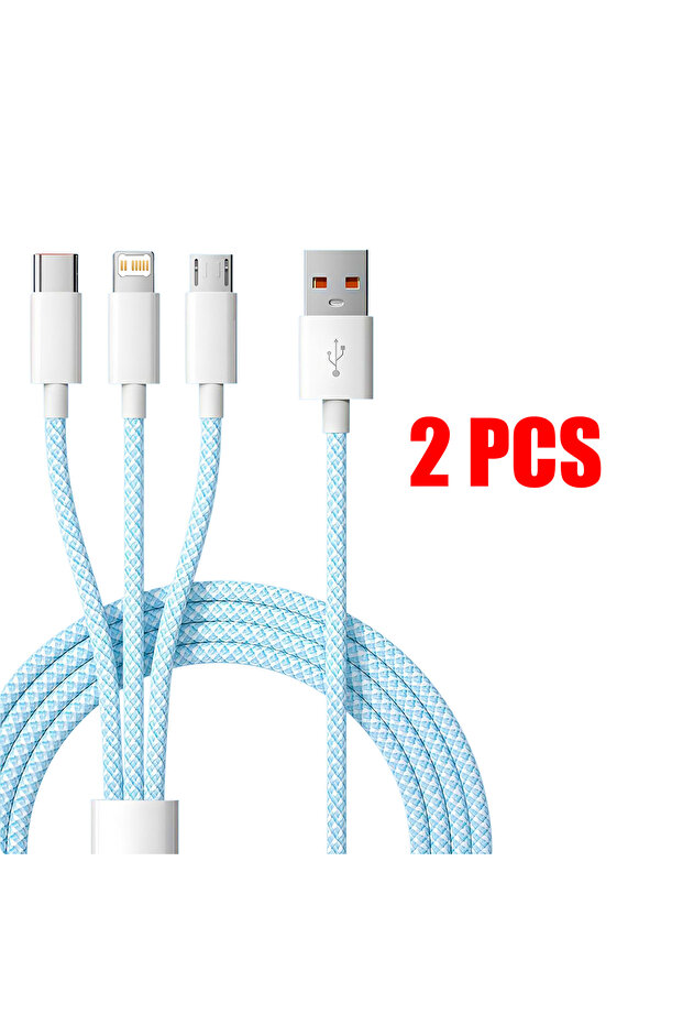 1.2m Blue-2pcs 240W 3-in-1 USB-C & Micro USB Fast Charger for iPhone Poco - High Speed Multi-Devi.