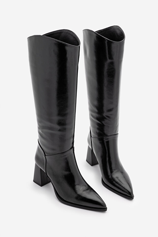 Women's Pointed Toe Thick Heeled Bellows Heeled Boots Without Zipper Tines Black