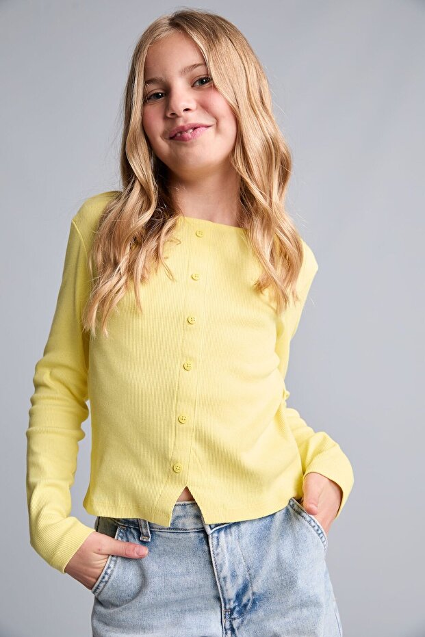 Fitted Buttoned Collar Ribbed Long Sleeve Light Yellow T-Shirt Girl Child I1975A826Au