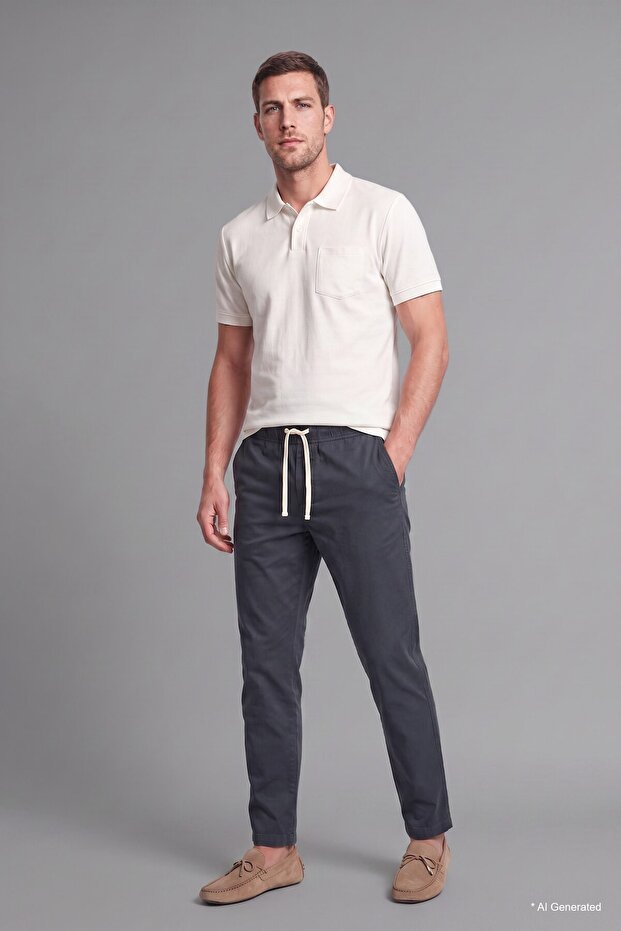 100% Cotton Regular Fit Flexible Waist Lace-Up Trousers H8803Ax26Sm