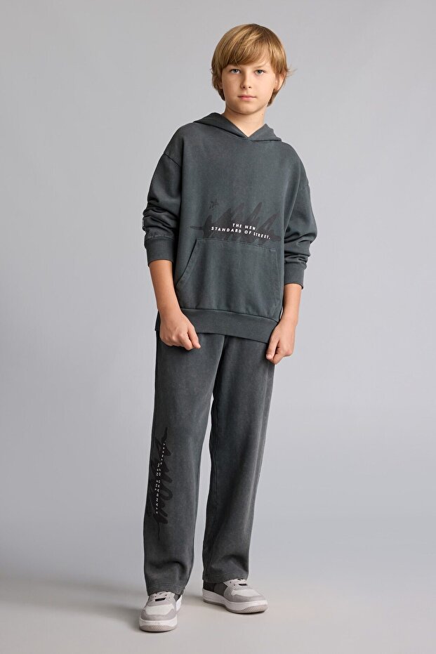 Loose Fit Washed Effect Cotton Printed Gray Sweatpants for Boys I0680A826Au