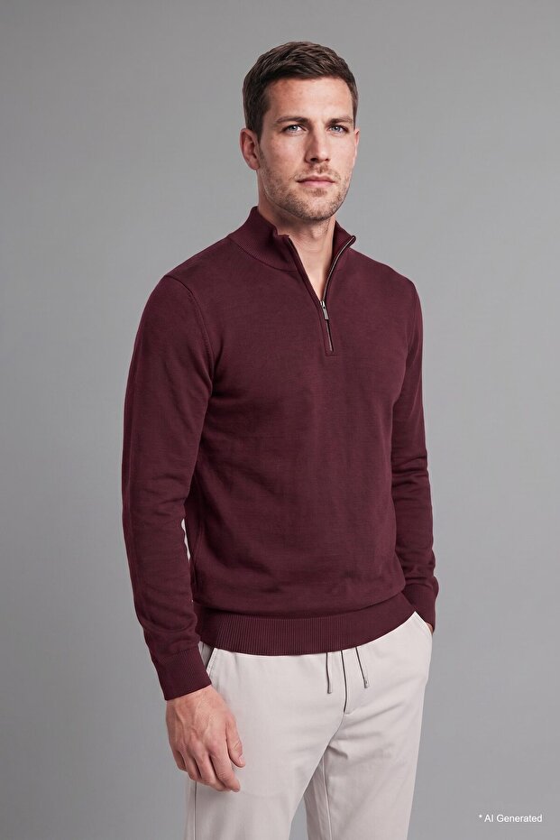 Standard Fit Regular Cut Mock Neck Half-Zip Basic Plain Knit Sweater A5184AX24AU
