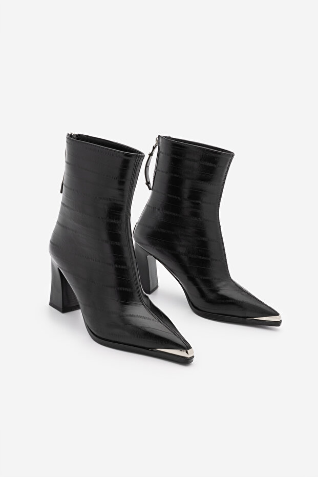 Women's Pointed Toe Back Zipper Thick Heeled Boots Zavoli Black Croco