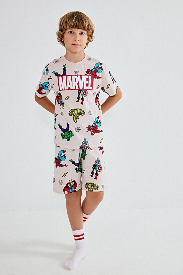 طقم بيجامة بيج من قطعتين من القطن بنسبة 100% مرخص من Marvel Comics للأولاد H8033A826HS
