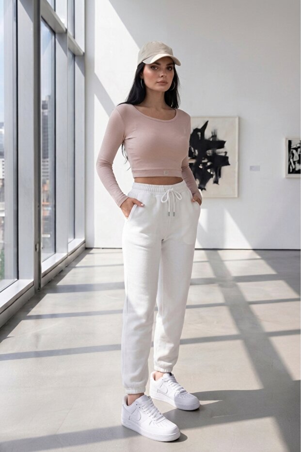 Women's White High Waist Fleece Jogger 3 Thread Sweatpants