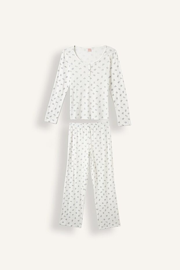 Floral Button Detail Regular Fit Long Sleeve 2'Li Pajamas Set F9837Ax25Au