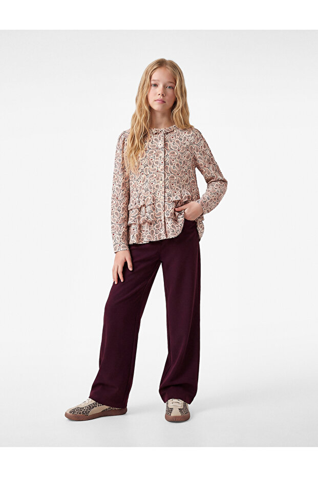 Long Sleeve Ruffle Patterned Button Detailed Stand Collar Viscose Shirt