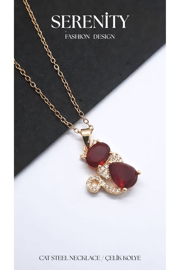 Red Zircon Stone Cat Steel Necklace