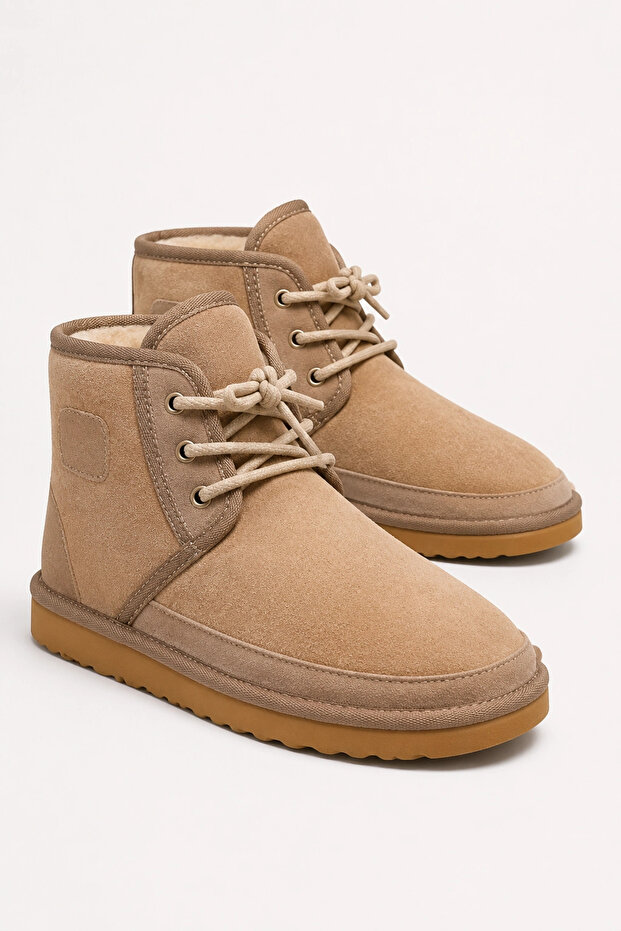 Lace-Up Winter Suede Women's Boots with Fur Inside - Mink