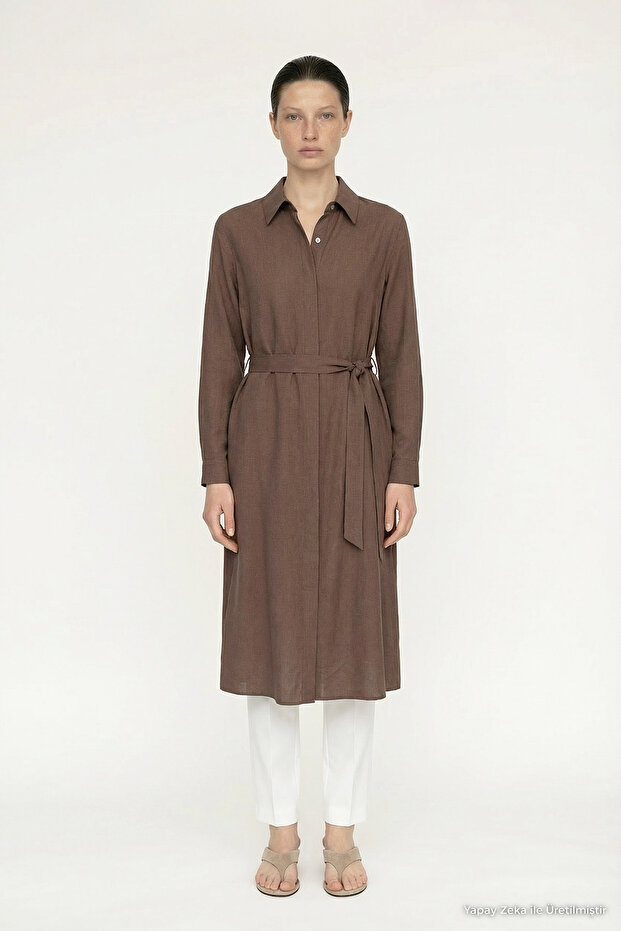 Belted Metal Button Detailed Classic Collar Brown Tunic 1628