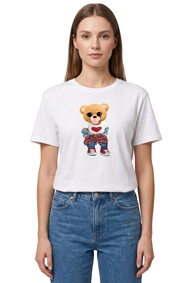 White Oversize Teddy Bear Printed Loose Women's T-Shirt
