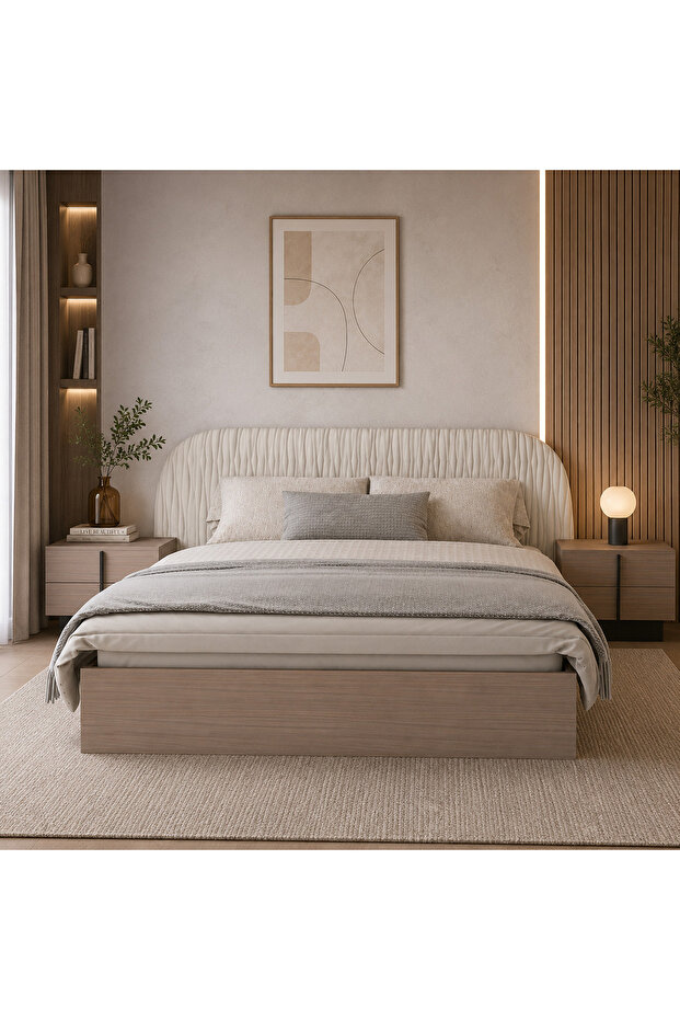 Highpoint Solid Wood Design Bed Frame with Fabric Upholstered Backrest, 233X202Cm, Beige