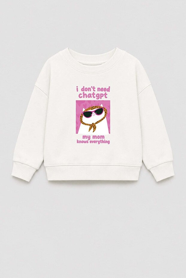 Girl's 3 Thread Fabric Cat Printed Cotton Sweatshirt