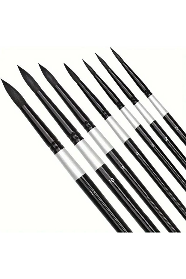 Black 7Pcs Squirrel Hair Brush Set - Round/Pointed Tips for Gouache/H2O | Beginner Artist Kit W/Wood