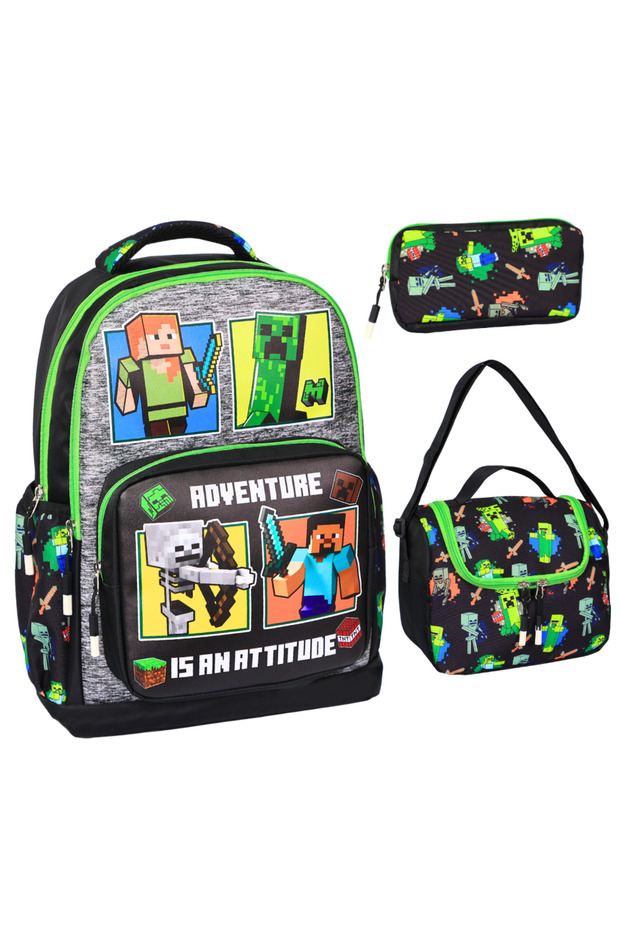 Set of 4, Boy's Patterned Primary School School Bag + Lunch Box + Pen Holder + Eraser Holder