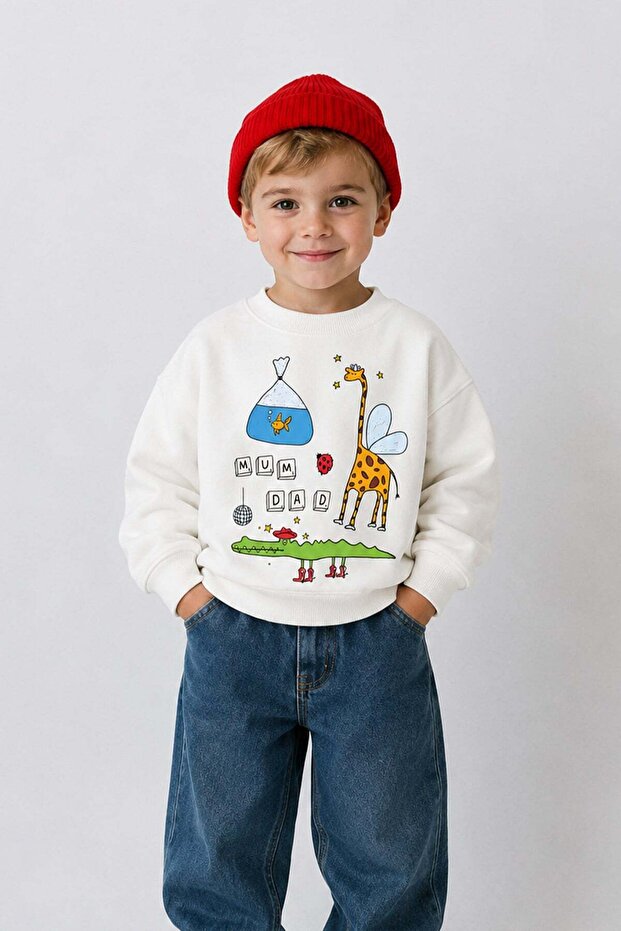Boy's 3 Thread Fabric Giraffe Printed Cotton Sweatshirt