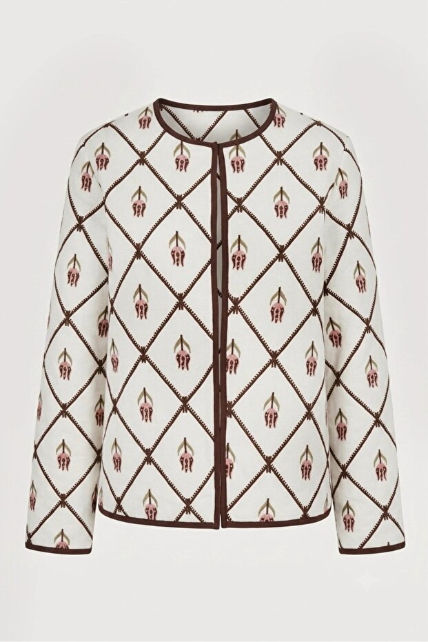 Women's Brown and White Floral Embroidered Linen Jacket