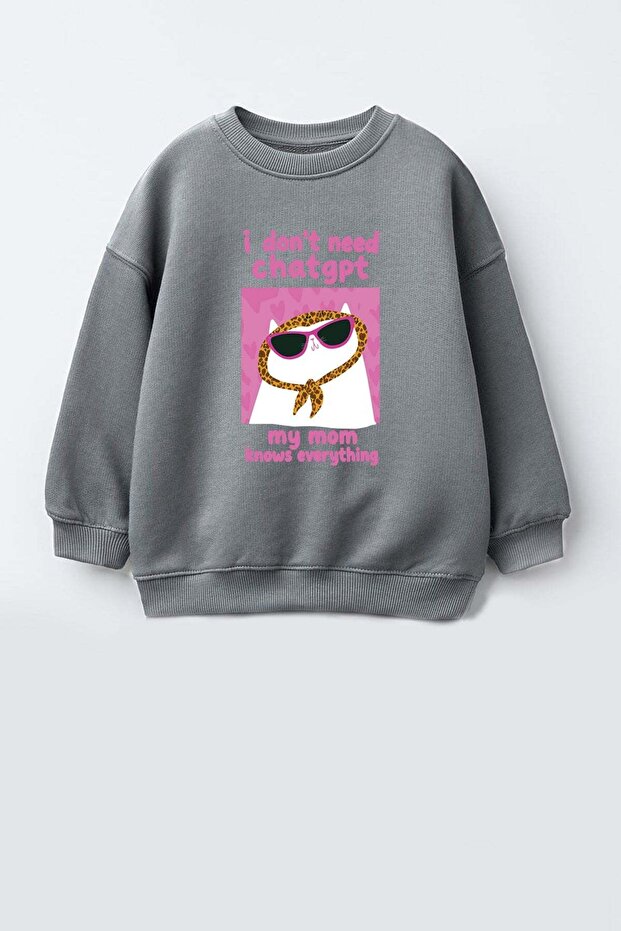 Girl's 3 Thread Fabric Cat Printed Cotton Sweatshirt