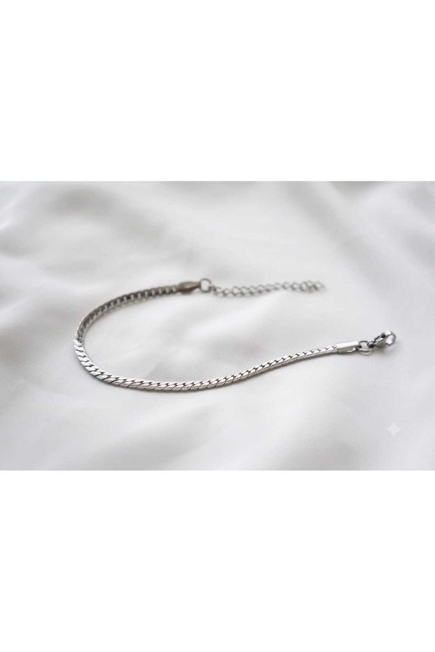 Ezme Model Serrated Detailed Chain 3mm Thick Silver Color Model Unisex (Women/Men) Steel Bracelet/ 19+4cm
