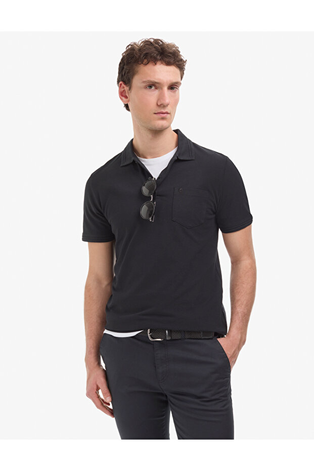 Black Regular Fit 100% Cotton Pocketed Non-Curling Buttoned Polo Collar Basic T-Shirt 50325290-Vr046