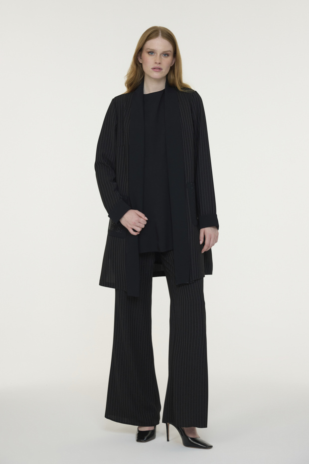 Shawl Collar Striped Pocket Detailed Black Suit 1667