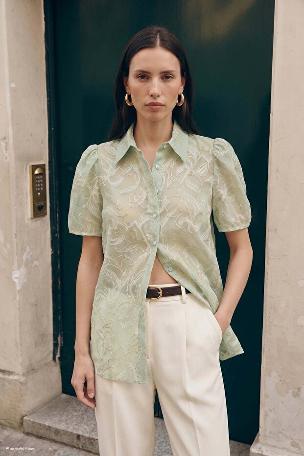 Embroidered Short Sleeve Shirt - Mint