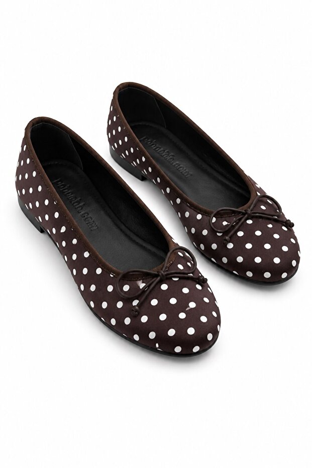 Darko Bow Detailed Polka Dot Satin Ballerina Flats Brown