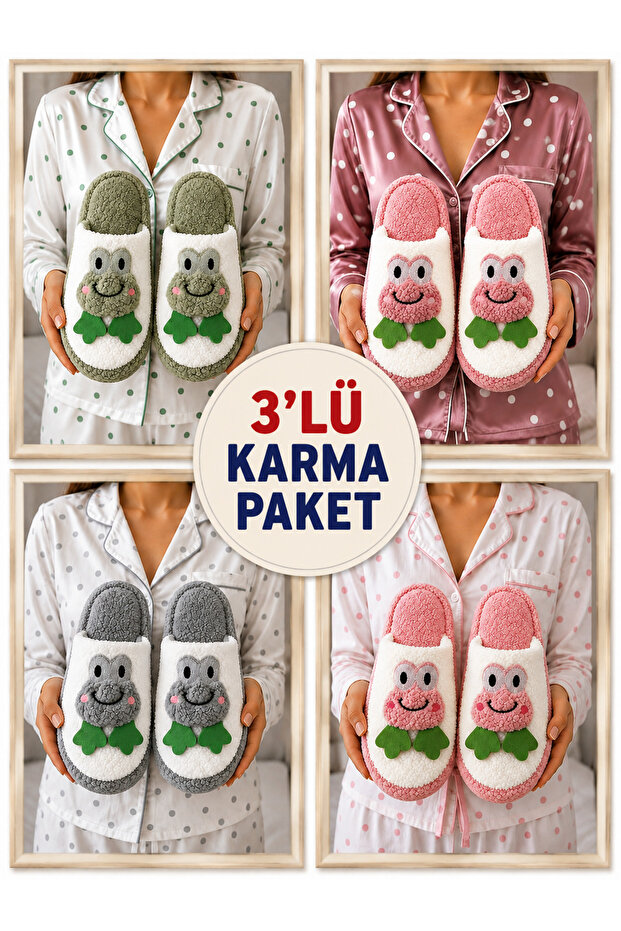 Soft Plush House Slippers with Frog Figure 3-Piece Teddy Women's House Slippers Dowry Slippers Stc1322