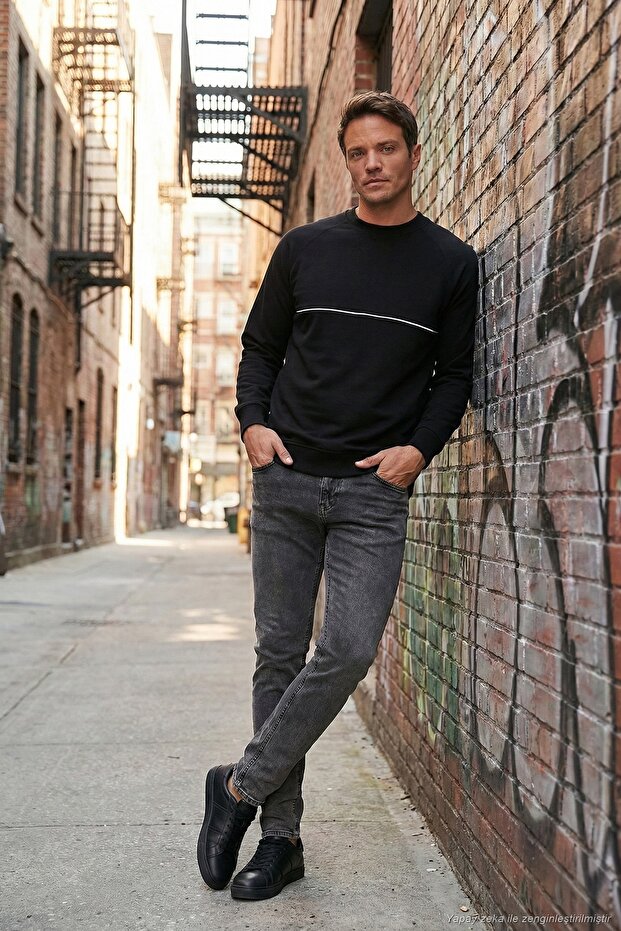 Cotton Stripe Detailed Relaxed Fit Crew Neck Sweat Men's Sweat 5901227