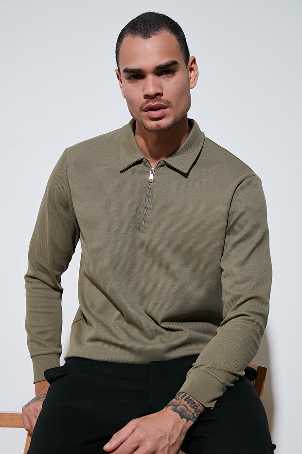 Cotton Regular Fit Half Zip Polo Collar Sweat Men's Sweat 5905805